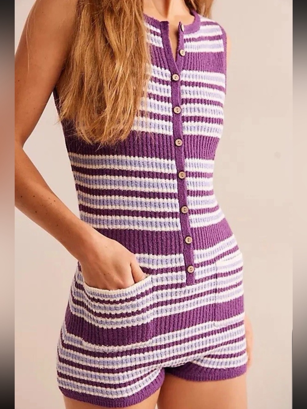 Free People Caroline Sweater Romper Playsuit Purple And Blue Stripes Smallmedium